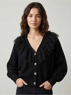 Black Cashmere Cardigan Mesh Ruffled V-Neck - Free Size, 100% Cashmere!
